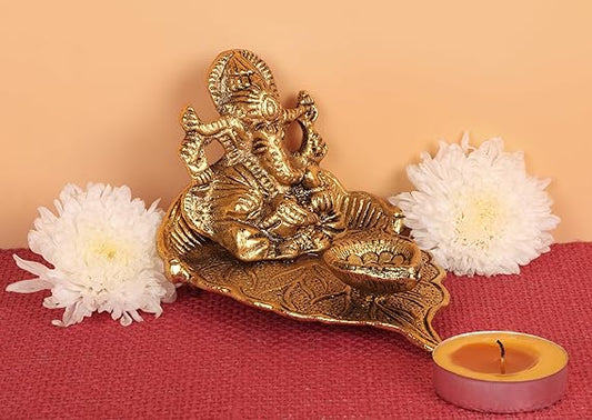 CHANDNI COLLECTION Idol Golden Small Ganesh on Leaf with Diya for Home Ganpati Figurine Luck & Success Diwali Pooja
