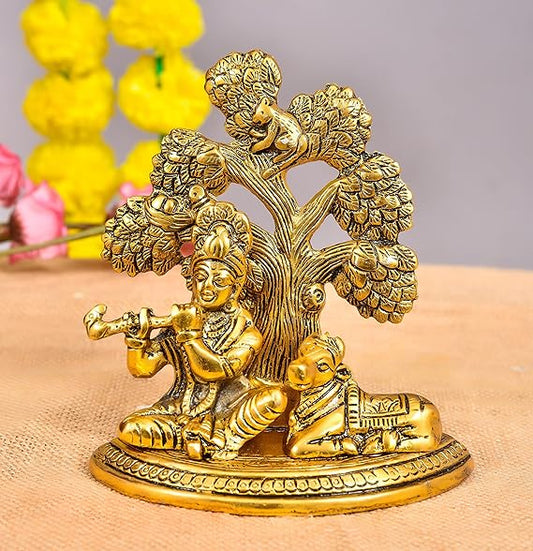 CHANDNI COLLECTION raditional Metal Krishna with Cow Sitting Showpiece Under Tree Plying Flute Decorative Showpiece for for Office,Temple Diwali Janmashtami Puja and Home Kamdhenu Idol