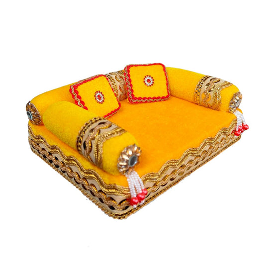 Laddu Gopal Bed and Singhasan (Yellow, Red, Golden) (Wood and Soft Silky Velvet Cloth)