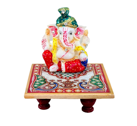Marble Chowki with Ganesh Ganesha Ganpati Murti Idol Statue Sculpture | Pooja Idols | Home Decor - Small Size