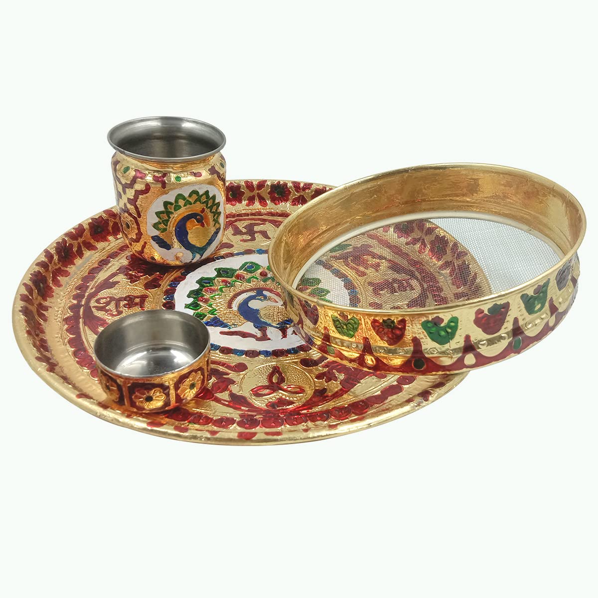 SkyWalker Handmade Brass Puja Thali with Flower Embossed Design, Brass Pooja Plate (Size-5 Inch)