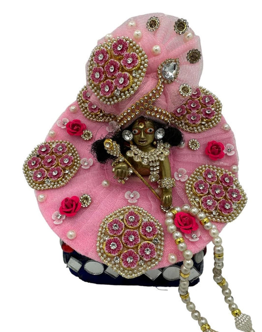 GT Kanha ji Designer Pink Poshak 3 no. Model, Size – 6 inch with Neckless, ANG Rakha and Beautiful Pagri | Thakur ji, Bal Gopal Dress | Heavy Zardozi Silk Net Dress for Krishna ji