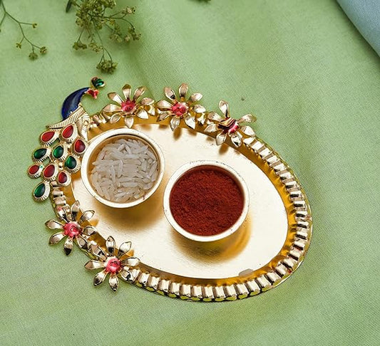 CHANDNI COLLECTION Roli-Chawal Tika Designer Platter |Gifting and Puja Purpose | Roli-Chandan, Chawal-Haldi Kumkum Purpose