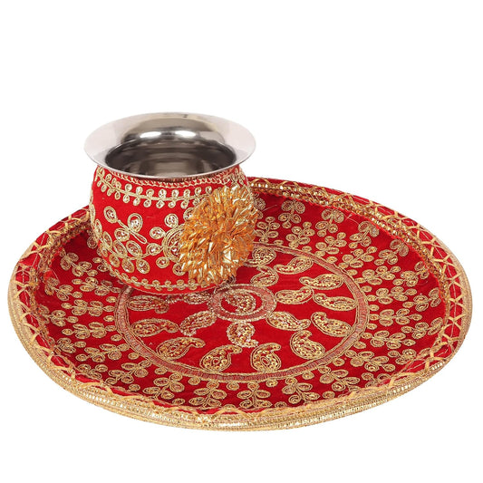 Traditional Stainless Steel Karwa Chauth Puja Thali with Lota Set for Home & Temple