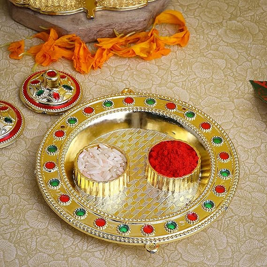 CHANDNI COLLECTION 1 Pc Golden CIRCLE Decorative Designer Roli Chawal/Rice Holder, Kumkum Haldi Holder Rakhi Pooja Thali Indian Festival Diwali Pujan Mandir Tika Roli Plate Housewarming Gifts Items Pack