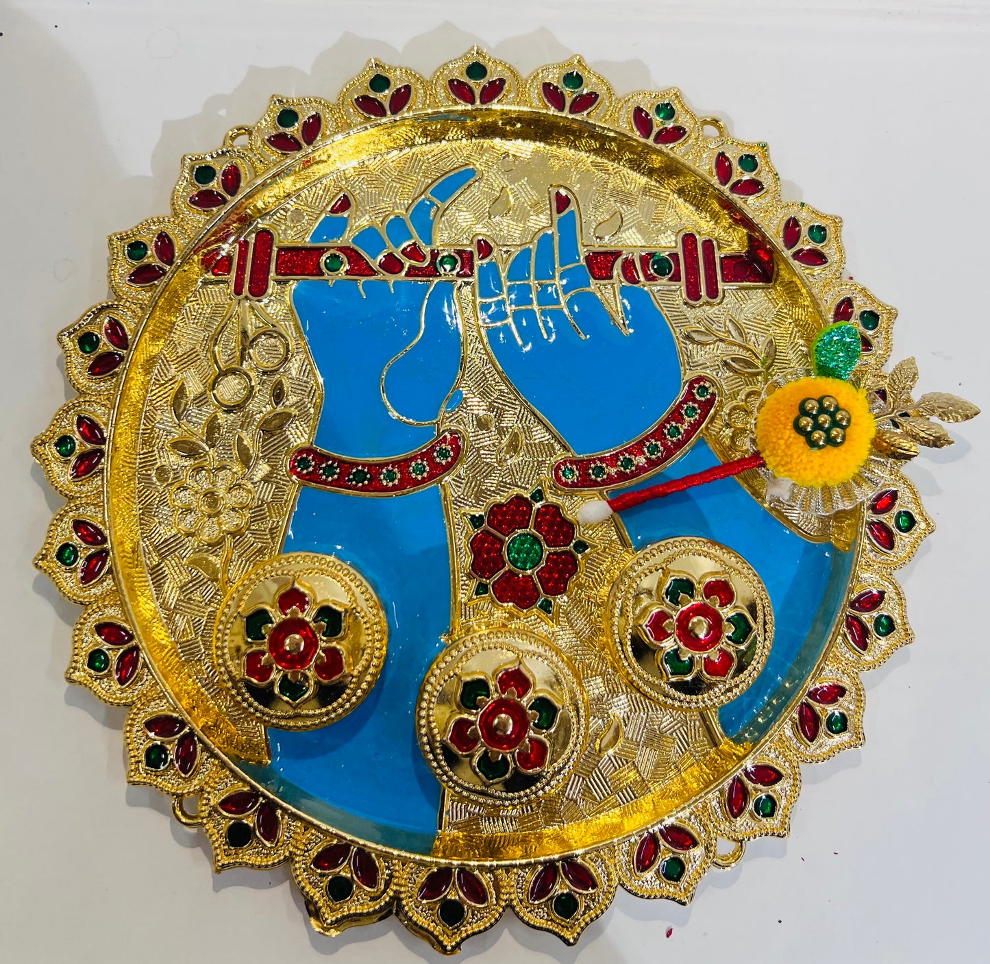 CHANDNI COLLECTION 1 Pc Plate Kankavati Roli Chawal/Rice Holder, Akshata Kumkum Haldi Holder Indian Festival Rakhi Pooja Thali Diwali Pujan Puja Mandir Tika Platter Housewarming Gifts Items