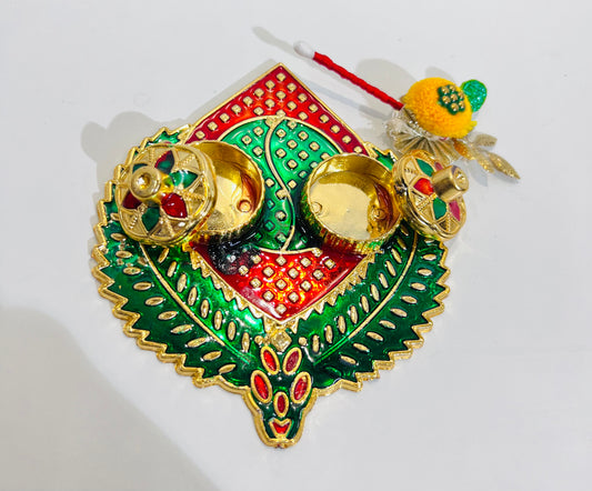 CHANDNI COLLECTION 1 Pc Paan Golden Decorative Designer Roli Chawal/Rice Holder, Akshata Kumkum Haldi Holder Indian Festival Rakhi Pooja Thali Diwali Pujan Puja Mandir Tika Platter Housewarming Gifts Items