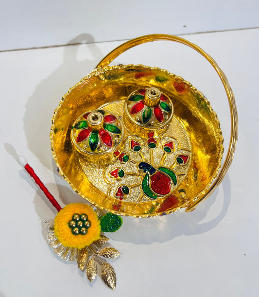 CHANDNI COLLECTIONroli Chawal Kumkum Haldi Puja Basket Shape Thali/Designer Acrylic Pooja Platter & Roli Katoris/Diwali Gift/Home Decor/Bhai Dooj/Rakshabandhan/Baby Shower/Diwali/Tilak Platter/Designer