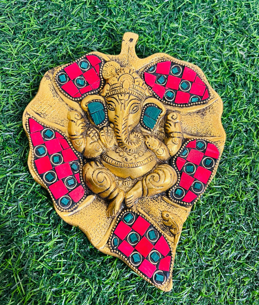 CHANDNI COLLECTION Golden Metal Lord Ganesha in Red & in Green Leaf Wall Hanging Decorative showpiece for Home decor, Wall Decor, Pooja Room Temple & Housewarming, Festival Gift