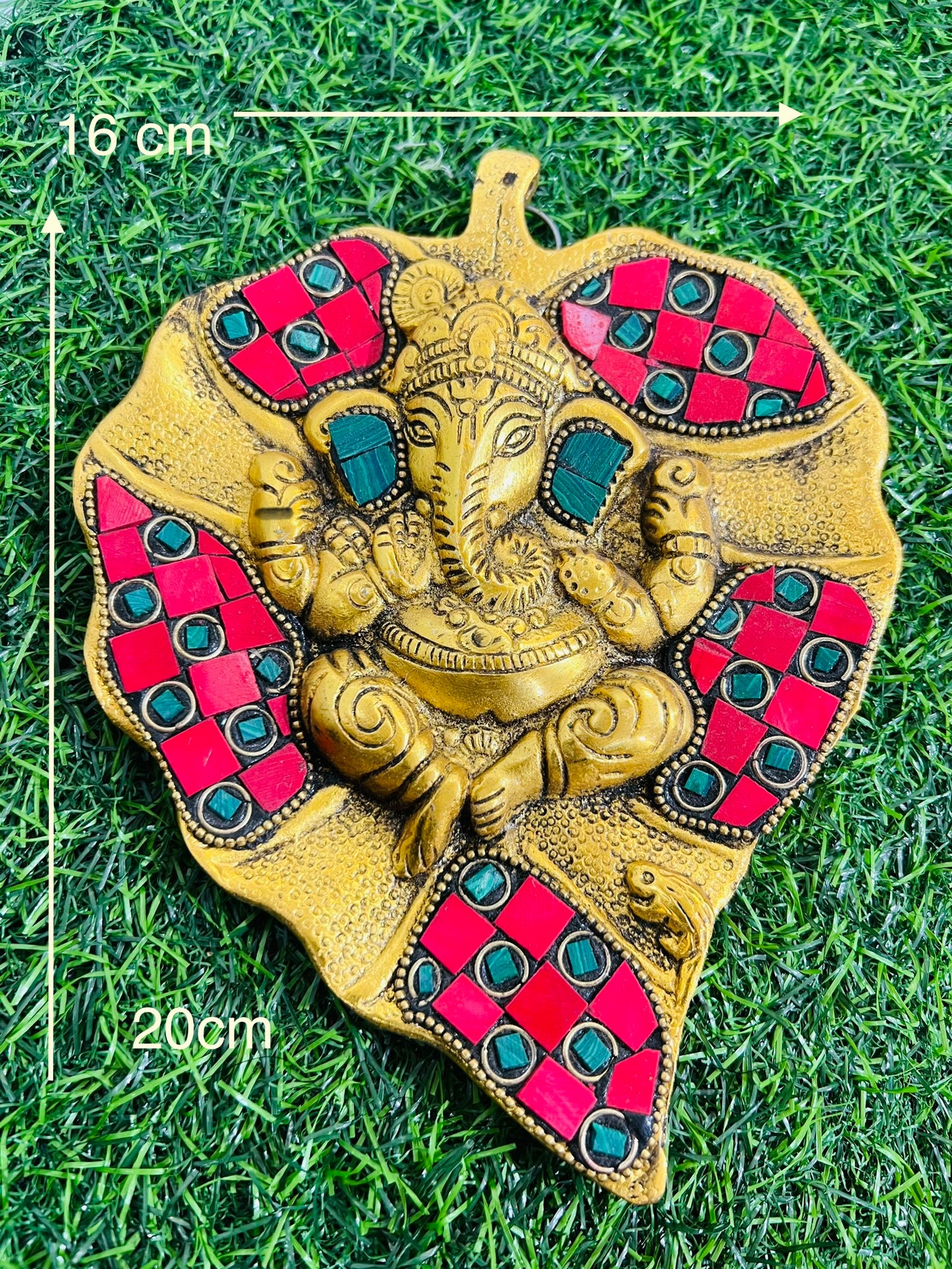 CHANDNI COLLECTION Golden Metal Lord Ganesha in Red & in Green Leaf Wall Hanging Decorative showpiece for Home decor, Wall Decor, Pooja Room Temple & Housewarming, Festival Gift