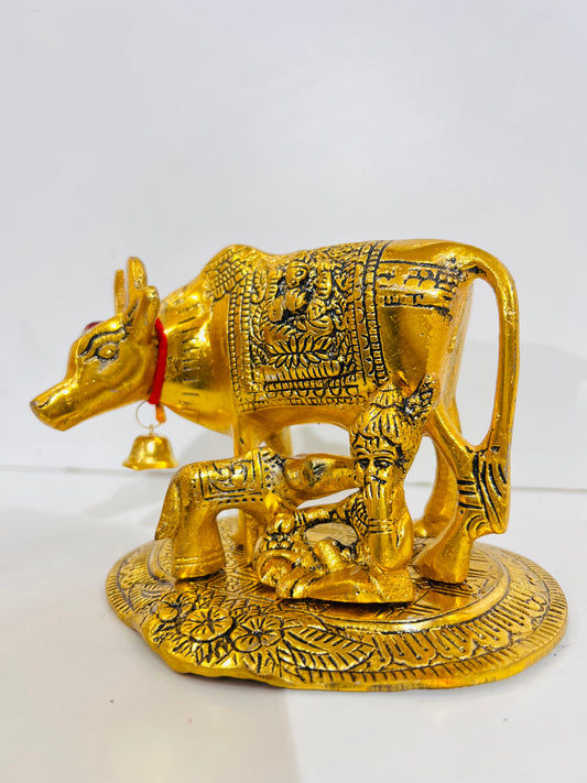 CHANDNI COLLECTION kamdhenu Cow with Calf Metal Krishna with Religious Kamdhenu Cow with Calf Handmade Handicraft for Home Decor Gift Item, Gold