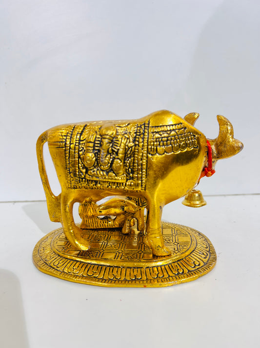 chandni collection golden cow and calf kamdhenu brass statue