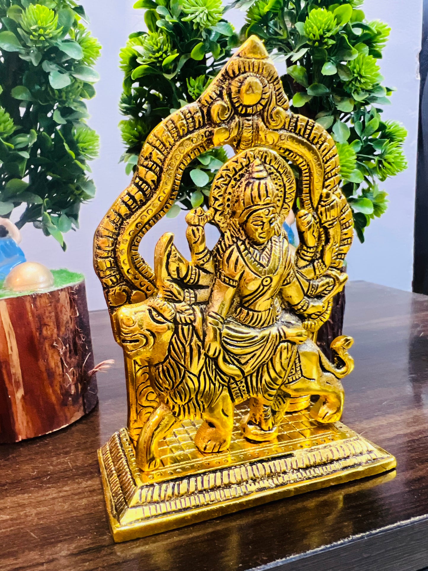 CHANDNI COLLECTION Metal Idol Durga Sherawali Ma: Golden Statue Sitting in Mandap Canopy