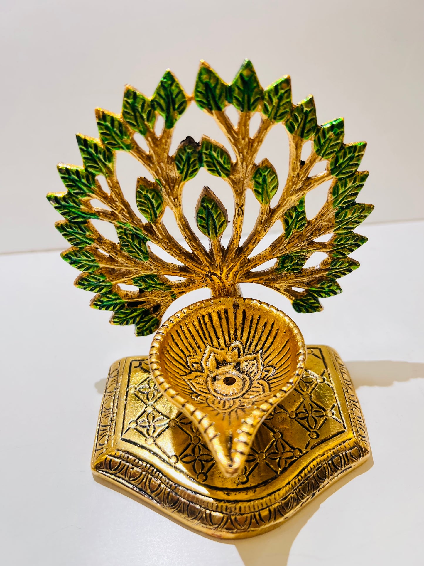 CHANDNI COLLECTION GREEN TREE Pooja Golden Diya in Metal for Diwali