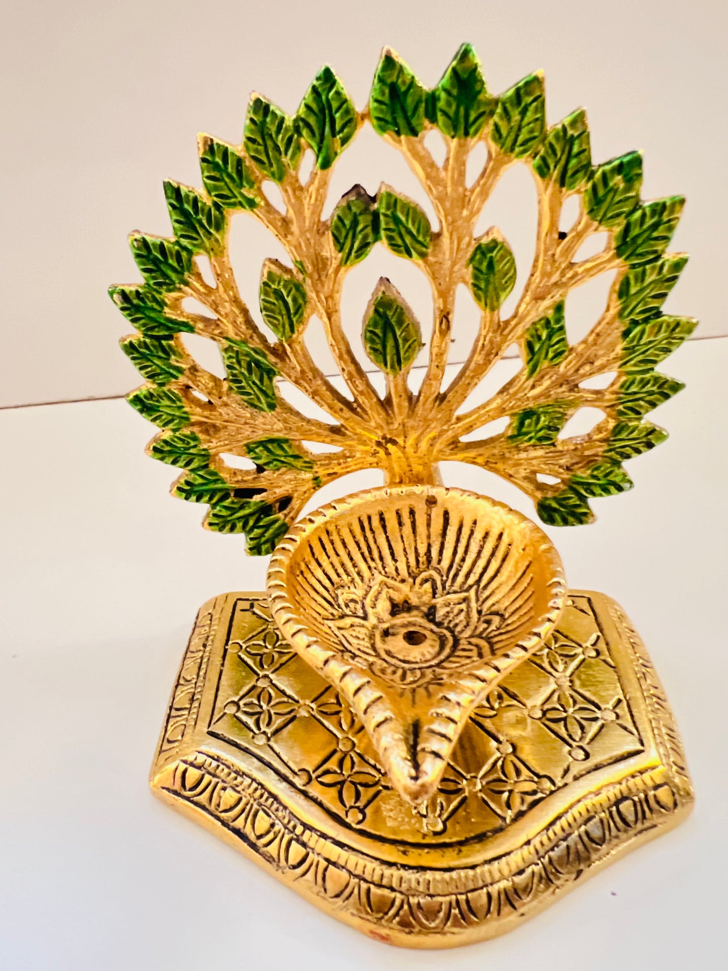 CHANDNI COLLECTION GREEN TREE Pooja Golden Diya in Metal for Diwali