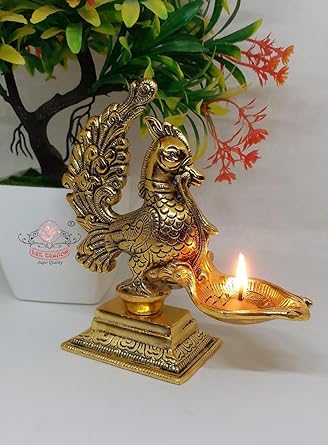 CHANDNI COLLECTION Metal Antique Peacock Design Deepak, Annapakshi vilakku, Deepam, Oil lamp for Temple Pooja | Office & Home Decor | Diwali Decoration Festival Gift